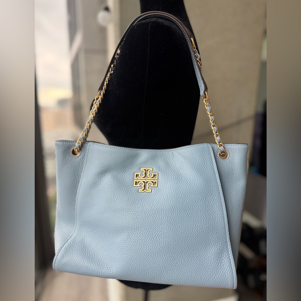 Tory Burch Pebbled Light Blue Leather Shoulder Bag with Gold Hardware